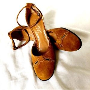 Camel suede round toed heels